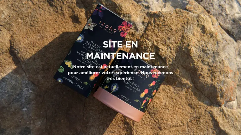 Image de fond avec les produits Izaho pour montrer que le site est en maintenance